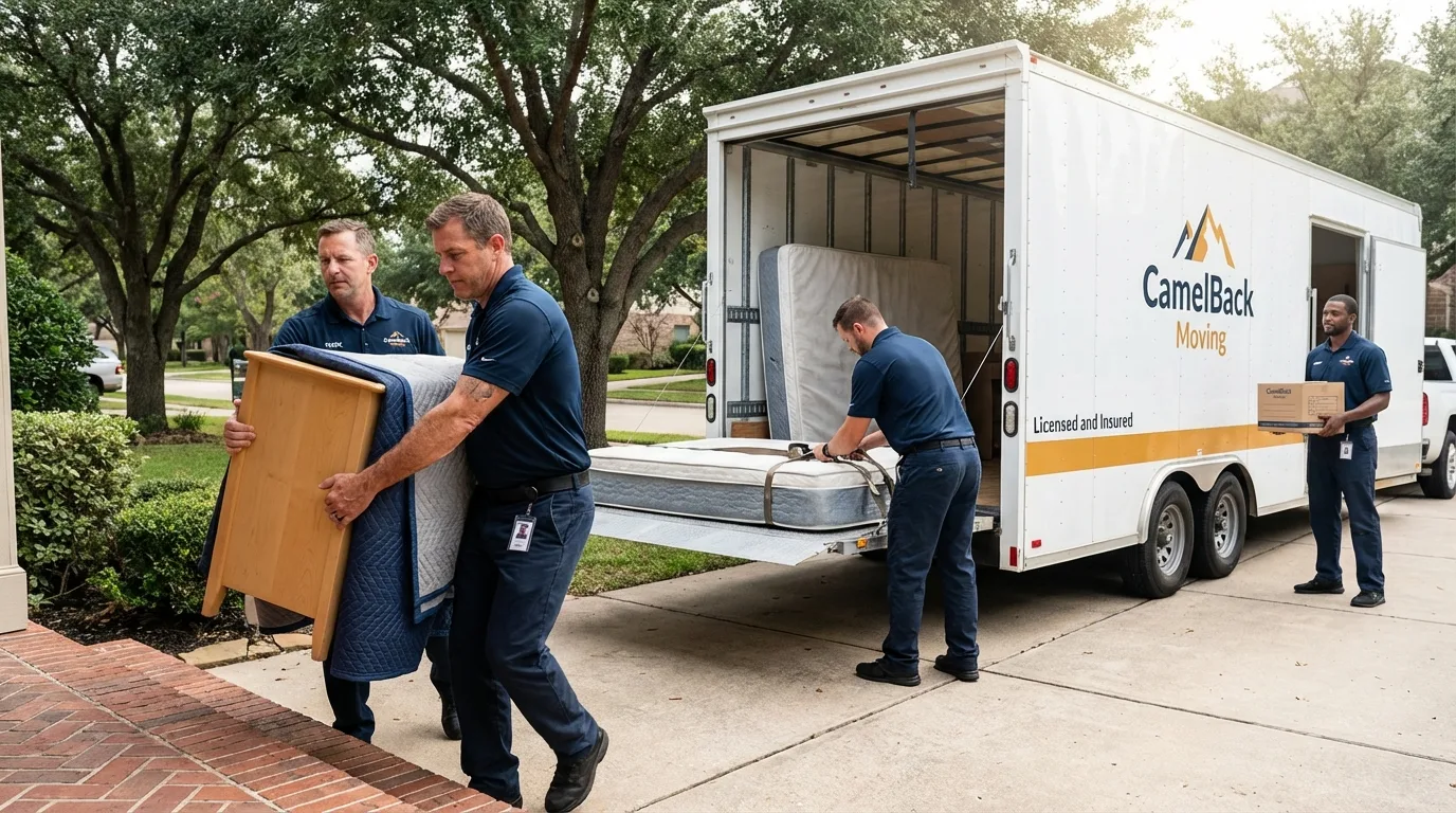 Crew loading residential truck for cross-state move from Wellington, UT