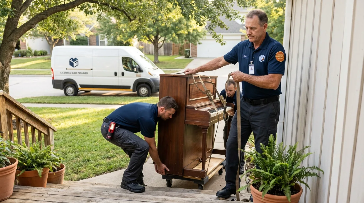 Licensed piano movers securing grand piano in Wellington, UT