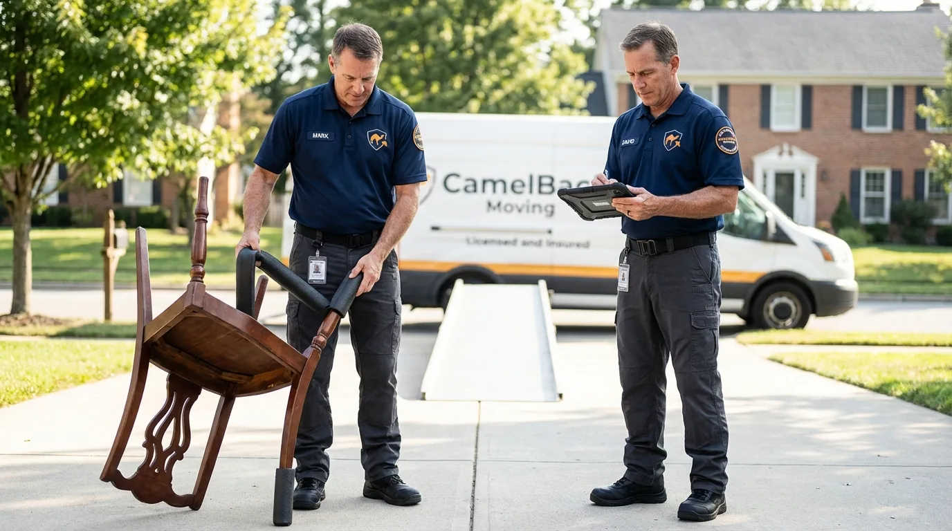 Movers inspecting furniture for damage prevention before loading in Wellington, UT
