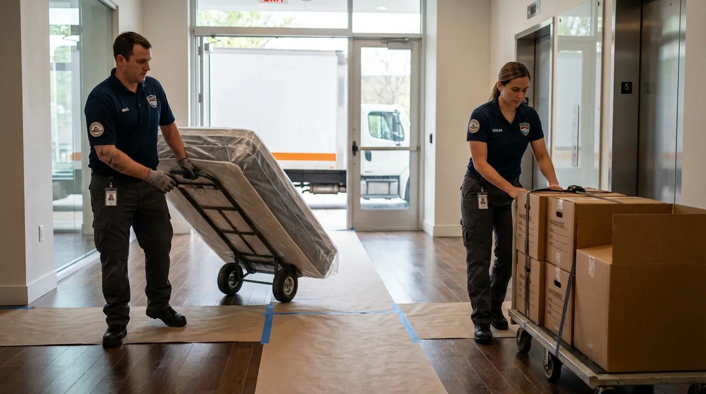 Professional apartment movers loading elevator in Wellington, UT
